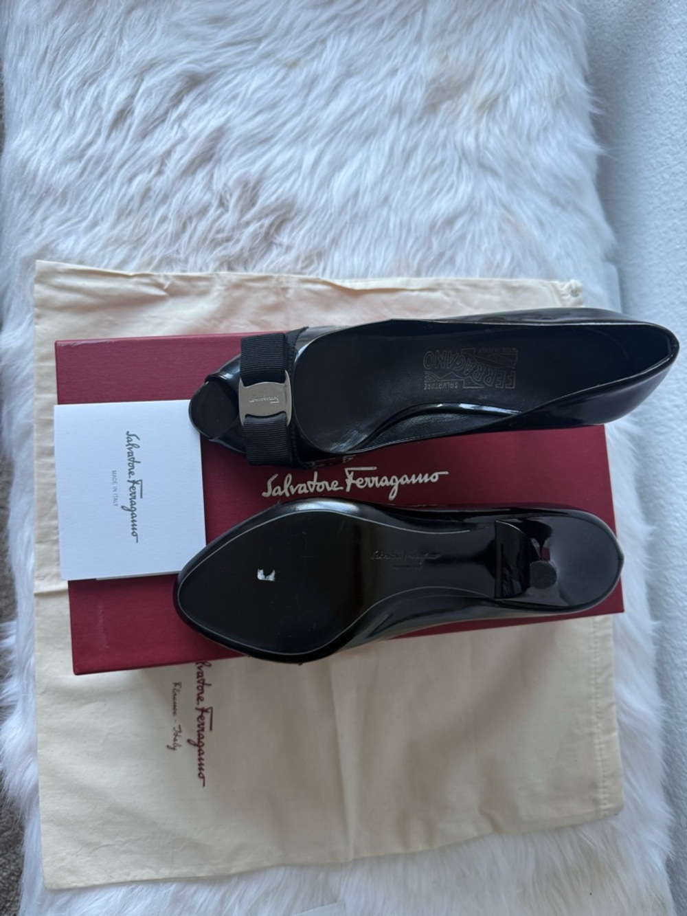 Salvatore Ferragamo Black Patent Leather Bow Pumps